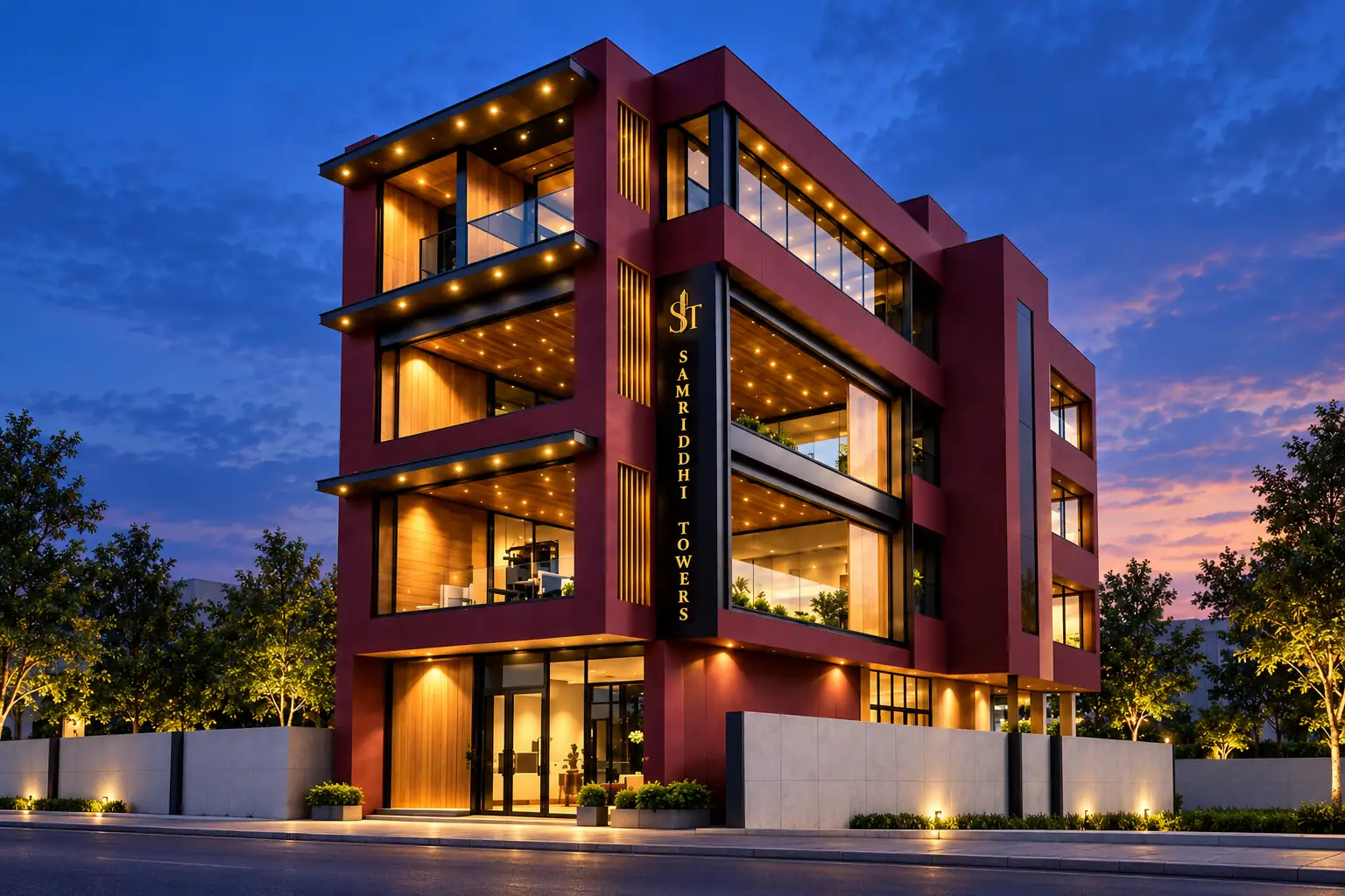 Evening facade visualisation based on the supplied building artwork