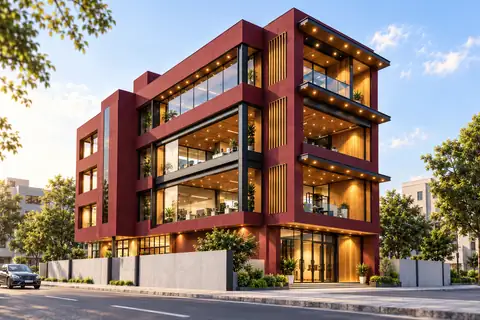 Opposite-corner visualisation · Generated alternate corner; unseen facade surfaces are interpreted.
