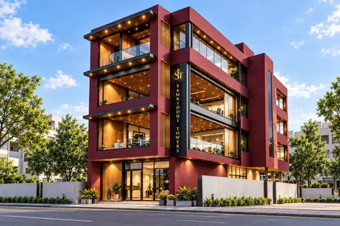 Front-facade perspective · Reference-based generated front view; not a measured elevation or site photograph.